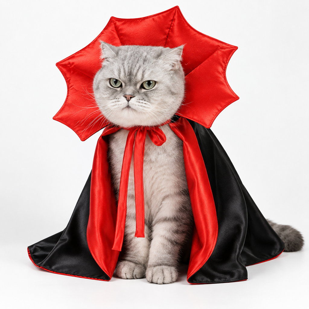 Dracula cape costume worn by a cat