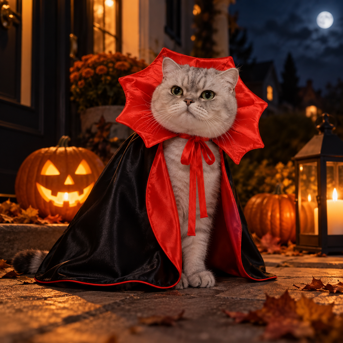 Dracula cape costume in a Halloween night setting