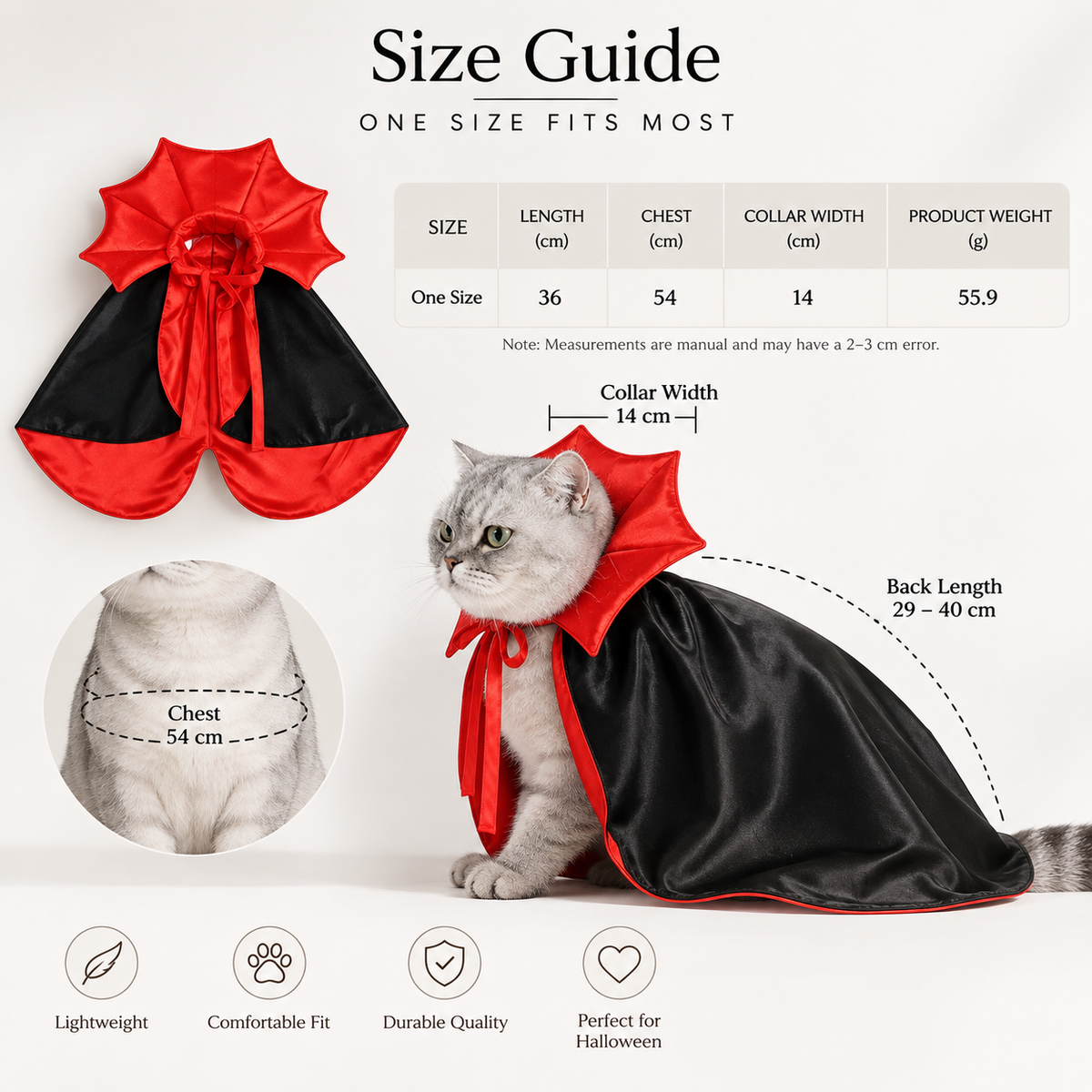 Dracula cape one-size measurements and fit guide