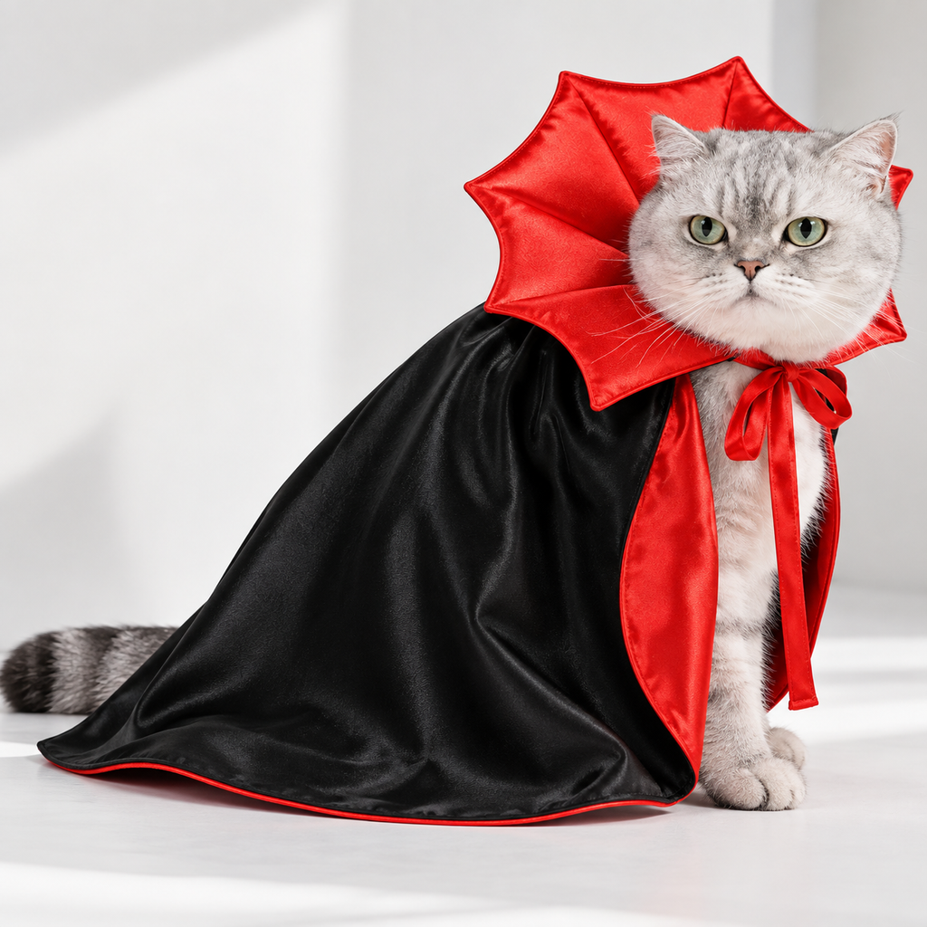 Dracula cape costume worn by a cat — side view